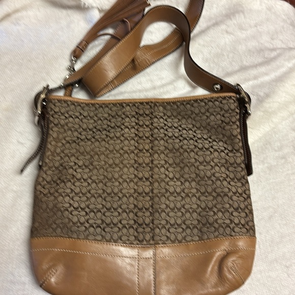 COACH Shoulder Bag Brown Leather/Canvas Adjust. Strap Zip “C” Logo 11 X11 Purse - Picture 2 of 7